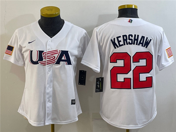 Women's USA Baseball #22 Clayton Kershaw 2023 White World Baseball Classic Stitched Jersey(Run Small)